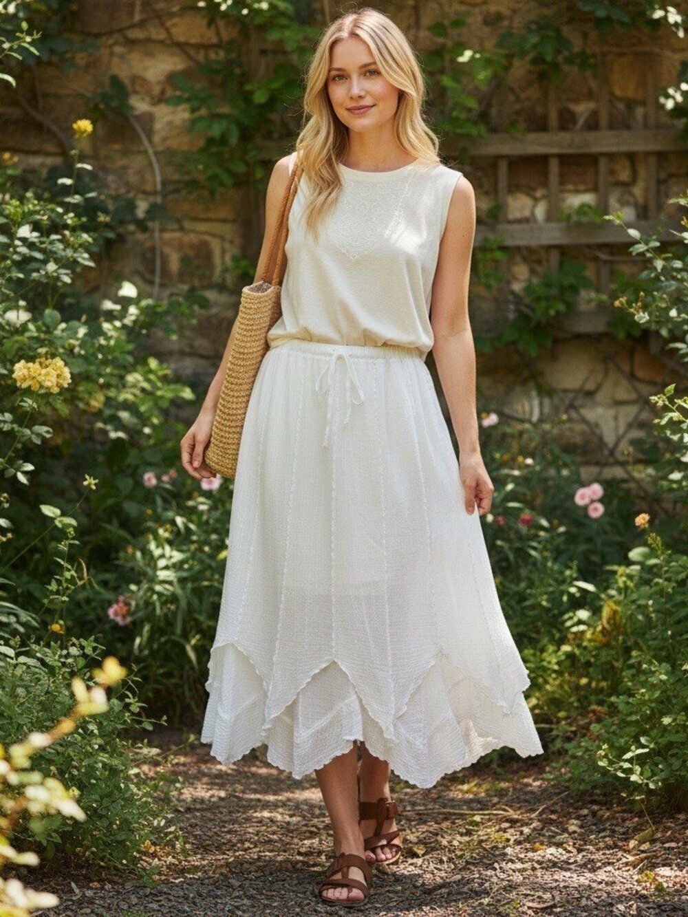 VTG Sea Breeze of California Gauzy White Boho Tiered Handkerchief Midi Skirt USA